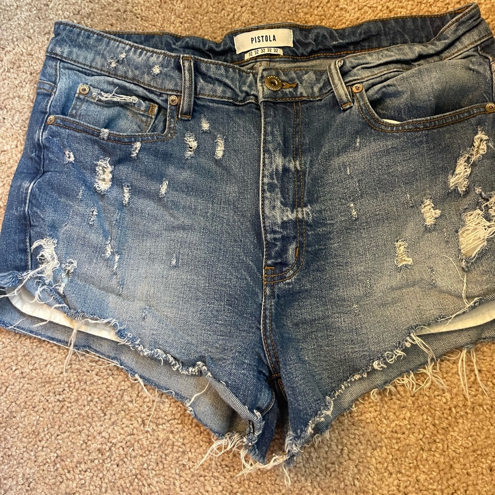 pistola Distressed Blue Denim Jean Shorts